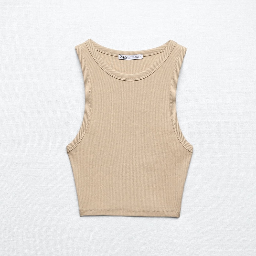 Zara Ribbed Beige Halter Tank Top